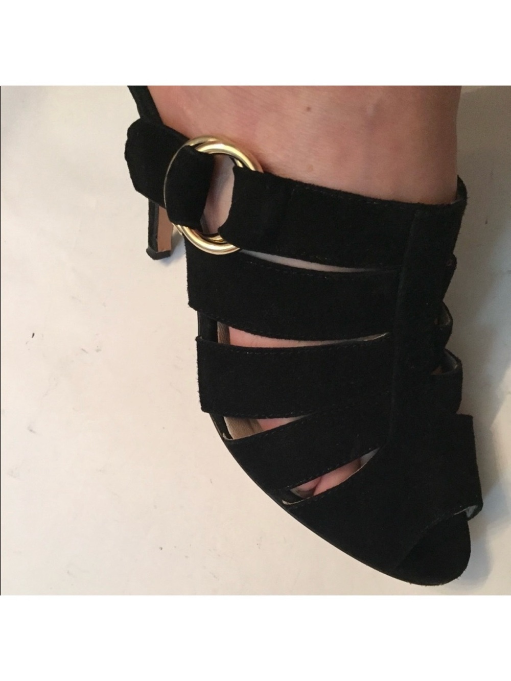 JOSEPHINE SHOES HEELS BLACK SUEDE LEATHER STRAPPY ITALY OPEN BACK Size 39.5 9